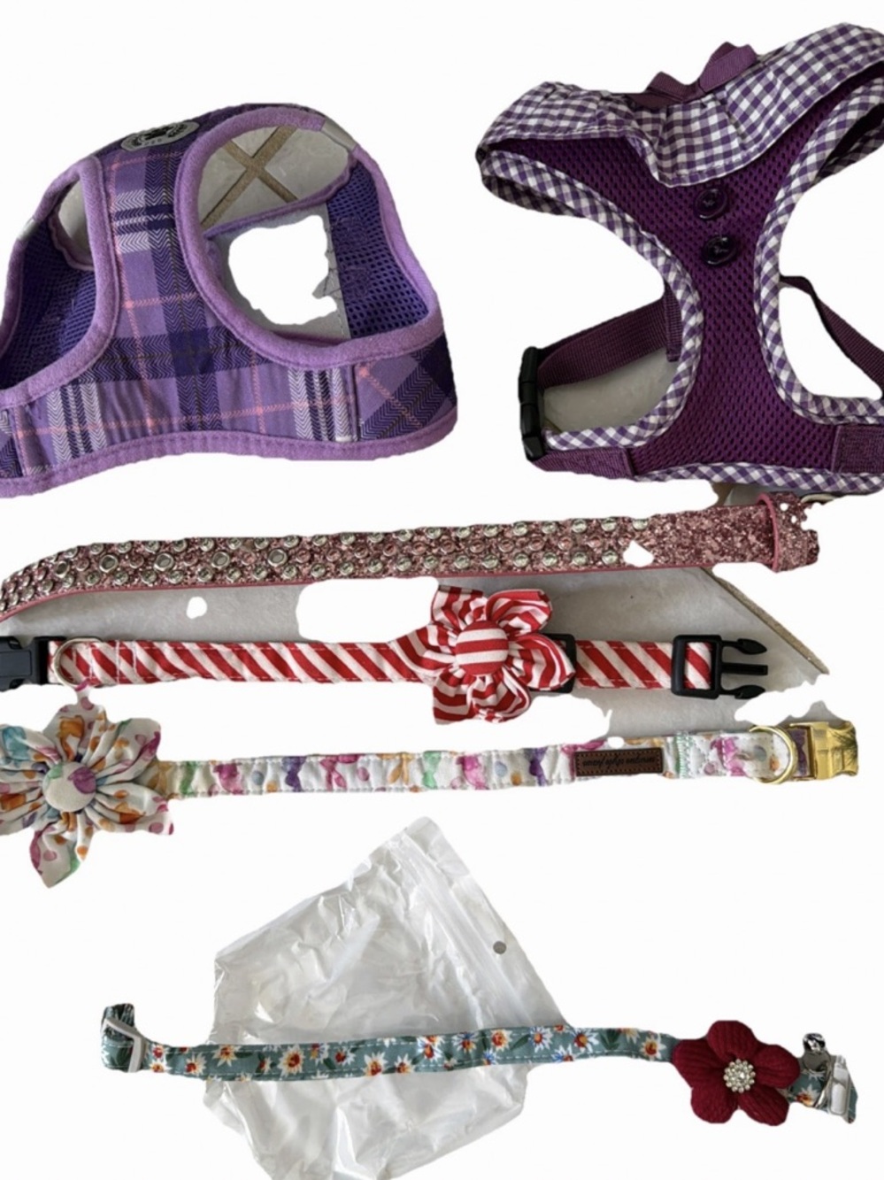 Purple Plaid & Gingham Dog Harness, 3 Floral, a striped & Rhinestone Collar